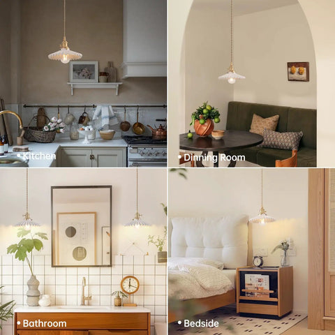 White Pleated Ceramic Shade Brass Vintage Pendant Light With Adjustable 59 Inch Chain in kitchen, dining room, bathroom, bedside