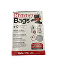 Box of NVM-1CH HepaFlo Dust Bags for Henry and James Vacuum Cleaners Pack of 10 with illustrated usage instructions.