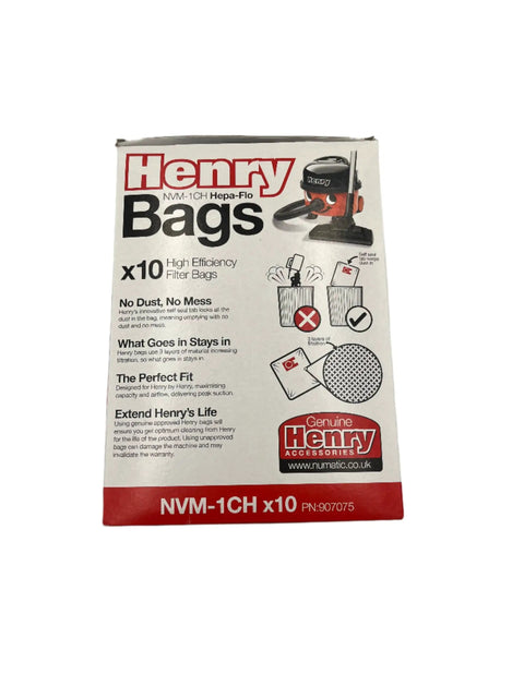 Box of NVM-1CH HepaFlo Dust Bags for Henry and James Vacuum Cleaners Pack of 10 with illustrated usage instructions.