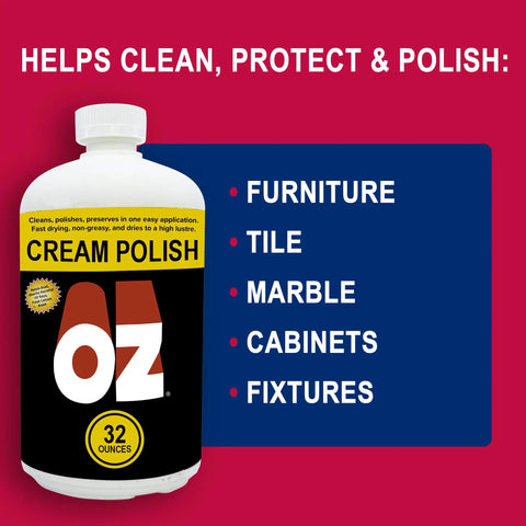 Bottle of OZ Cream Polish One Quart For Cleaning And Polishing And Preserving Surfaces In One Easy Application Anti Static Dust Repellent
