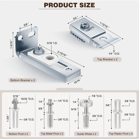 Sturdy Bifold Door Hardware Kit With Top And Bottom Brackets Guide Wheel And Pivot Replacement For Seven Eighths To One Inch Bifold Door Track Steel And Nylon Construction 2 Pack For Smooth Quiet Sliding - product size details.