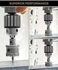 Drilling process with Twelve Piece Heavy Duty Pro Grade Carbide TCT Hole Saw Kit With Titanium Plated Pilot Drill Bits for metal