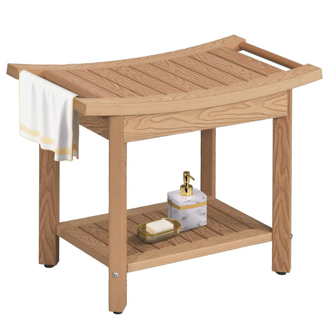 Non Slip Shower Bench With Handles And Storage Shelf Water Resistant Bath Stool For Bathroom 24 Inch By 13 Inch Black Sloped Top Seat