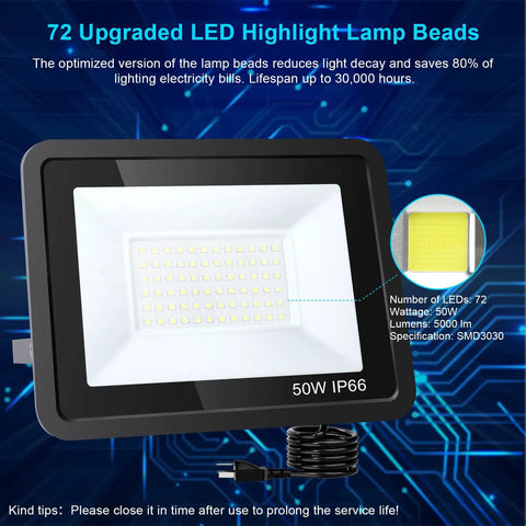 Hella Bright 50W LED Flood Lights Outdoor 5000 Lumens IP66 Waterproof Plug In Security Floodlights 6000K featuring 72 LEDs