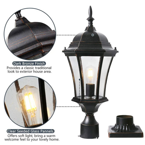 Close-up of Cast Aluminum Outdoor Post Light 24 Inch With 3 Inch Pier Mount Bronze Exterior Seeded Glass Six Sided Lanterns