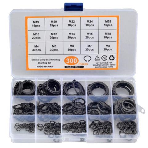 Heavy Duty External Circlip Set Workhorse 250 To 300 Pieces C Type Snap Ring Assortment Kit M4 To M25 in compartment box