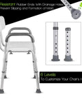 Adjustable Shower Chair With Back And Arms Free Suction Grab Bar Anti Slip Bathtub Seat for Elderly and Disabled close-up of legs and height adjustment.