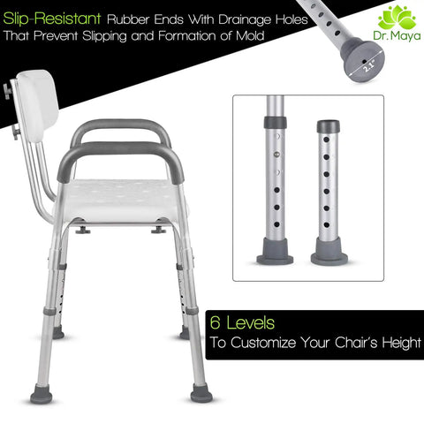 Adjustable Shower Chair With Back And Arms Free Suction Grab Bar Anti Slip Bathtub Seat for Elderly and Disabled close-up of legs and height adjustment.