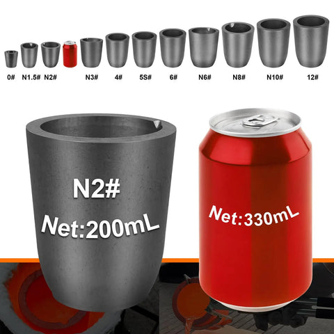 Heavy Duty Graphite Crucible With Smooth Pouring Spout For Melting Aluminum Up To 1800 C Heat Resistant Foundry Pot next to a soda can for size comparison.