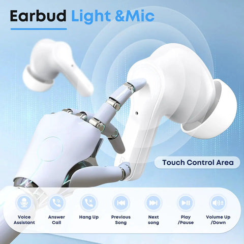 Wireless Earbuds With Bluetooth 5.4 Dope HiFi Stereo And Noise Cancelling Microphone shown with a robotic hand.