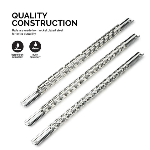 Socket Holder Rail 3 Piece Organizer Set For 1/4, 3/8, And 1/2 Inch Drive Sizes, nickel plated steel, corrosion resistant.