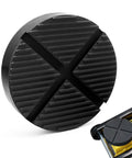 Front view of round black rubber floor jack pad with ribbed surface for pinch-weld protection.