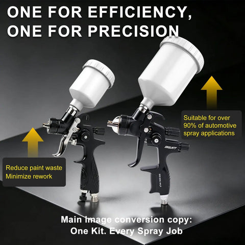 Professional Hvlp Spray Gun Double Pack featuring easy dial air adjustment with two spray guns on a dark background.
