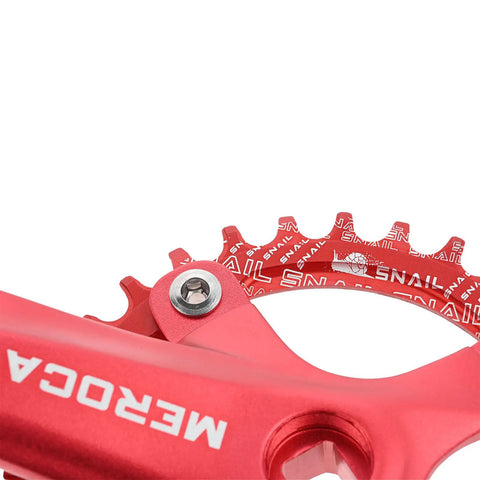 Close-up of red Beefed Up Square Taper Crankset for Mountain Bikes, featuring 32T chainring and 170mm crankarm.