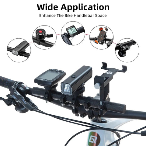 Extended Bike Handlebar Extender For Mounting Speedometer GPS And Phone, Lightweight Carbon Fiber And Aluminum, 25.3 cm bar with devices