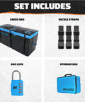 Big 25 Cu Ft Weatherproof Trailer Hitch Cargo Carrier Bag Set includes cargo bag, buckle straps, bag lock, and storage bag.