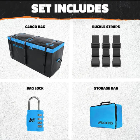 Big 25 Cu Ft Weatherproof Trailer Hitch Cargo Carrier Bag Set includes cargo bag, buckle straps, bag lock, and storage bag.
