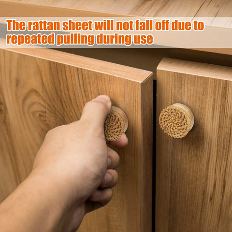 Boho Wood Dresser Drawer Knobs Set Handmade Rattan Woven Cabinet Pulls being installed on wooden cabinet