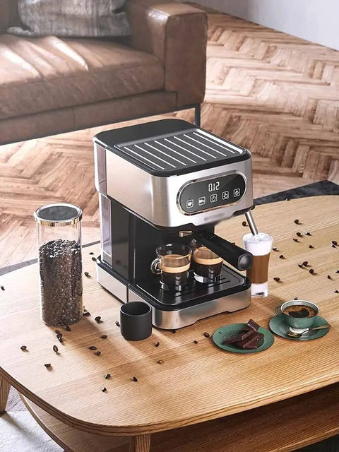 Heavy Duty 20 Bar Coffee Machine With Independent Steam Frother for silky lattes on a wooden table with coffee beans.