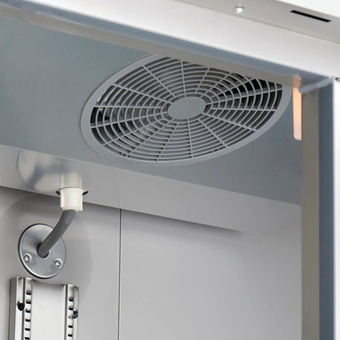 Interior view of a Commercial Two Door Reach In Freezer 54 Inch Wide 47 Cubic Foot Capacity Stainless Steel double door featuring fan.