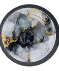 Four Pack 1.37 Inch Round Cabinet Knobs With A Slick Marble Texture Black Finish Kitchen Cupboard Handles in glossy design with gold accents.