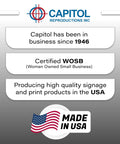 Capitol Reproductions Inc. graphic showcasing company history, WOSB certification, and high-quality USA-made signage and print products.