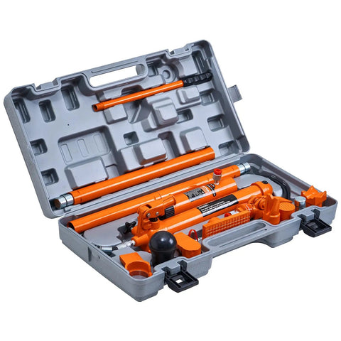 10 Ton Portable Hydraulics Porta Power Kit With 4.6 Ft Long Hose And Extended Handle Auto Body Frame Repair Jack System Includes Sturdy Carry Case inside a gray carrying case.
