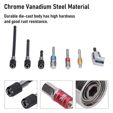 Colorful 7 Piece Socket Adapter Kit With Hex Shank And Extension Set For Screwdriver Bits In 1/2 1/4 And 3/8 Inch Sizes Makes Heavy Duty Work Easy Peasy Anytime, chrome vanadium steel