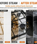 Before and after cleaning results showing tile grout, stove top, and car cup holder with Jarguuo 1500W Handheld Steam Cleaner Boasts Rapid 15 Second Heat Up With 221 Degree High Temp Steam For Effortless Grease Removal Featuring Six Adjustable Settings And Etl Approval Making It The Ultimate Tough On Mess Cleaning Companion For Busy Homes.