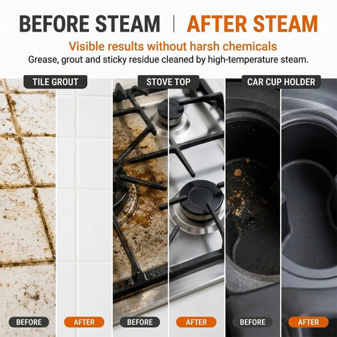 Before and after cleaning results showing tile grout, stove top, and car cup holder with Jarguuo 1500W Handheld Steam Cleaner Boasts Rapid 15 Second Heat Up With 221 Degree High Temp Steam For Effortless Grease Removal Featuring Six Adjustable Settings And Etl Approval Making It The Ultimate Tough On Mess Cleaning Companion For Busy Homes.