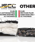 Comparison of US Cargo Control 12 lbs blanket vs 8 lbs competitor, showing cotton batting, thickness, and washability features.