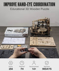 3D Wooden Marble Run Puzzle Kit For Adults With 294 Pieces And 10 Marbles Mechanical Crank in assembly process with box and parts
