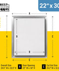 Heavy Duty No Hassle Slick Seamless 22 By 30 Drywall Inlay Access Panel For Walls And Ceilings with dimensions and details.