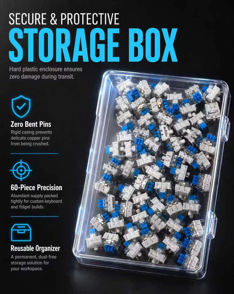 60 Piece Blue Keyboard Switches Clicky Tactile Clickers For 3D Printing Projects And Fidget Toys With Crisp Bangin Sound And Strong Feedback To Upgrade Your Setup in storage box