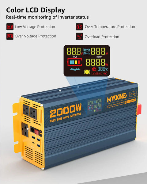 Super Heavy Duty 2000 Watt Pure Sine Wave Power Inverter Dc 12 To 120 Volt Ac with LCD status screen and multiple outlets.