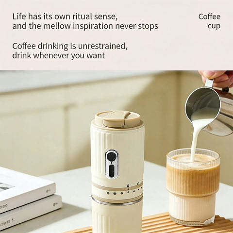 Score Fresh Sips Anywhere With This Ride Or Die Travel Coffee Maker Featuring A Compact Built In Grinder And Heat Proof Tumbler, beige portable brewer.