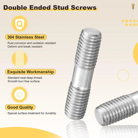 Three-pack M8×40mm double-ended stainless steel studs, 304 stainless, silver, angled view