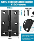 3 Inch Black Door Hinges 12 Pack Interior Hinges For Furniture Wooden Box Chest Window Case Lid Durable 304 Stainless Steel Construction Includes 96 Screws For Smooth Noiseless Operation, dimensions and details displayed