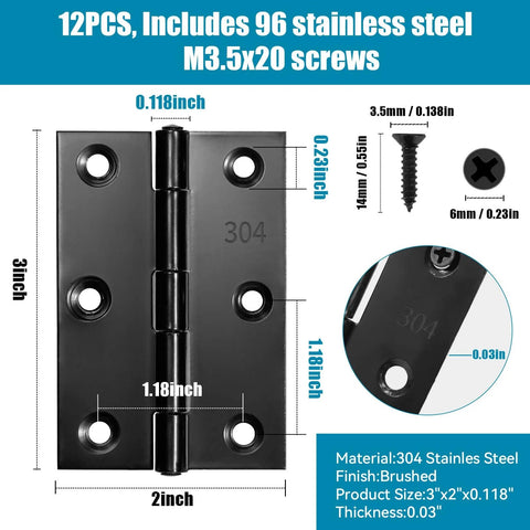 3 Inch Black Door Hinges 12 Pack Interior Hinges For Furniture Wooden Box Chest Window Case Lid Durable 304 Stainless Steel Construction Includes 96 Screws For Smooth Noiseless Operation, dimensions and details displayed