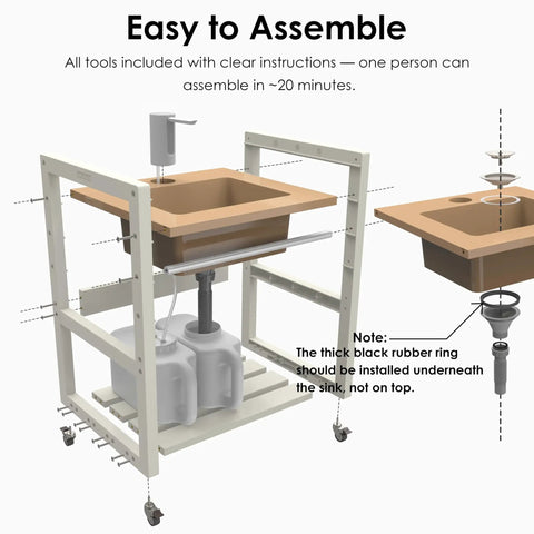Ace Portable Sink With Electronic Faucet Self Contained Wash Station showing assembly instructions and parts for easy setup.