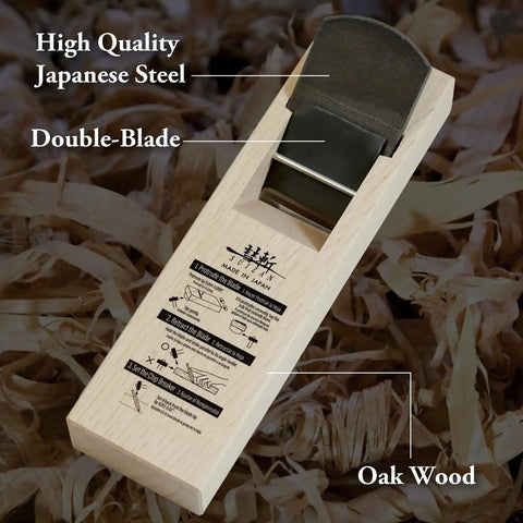 Straight Up Japanese Kanna Wood Planer With Dual Blades For Smooth As Silk Sanding Free Finishing Pull Style Hand Block Plane showing oak wood design.
