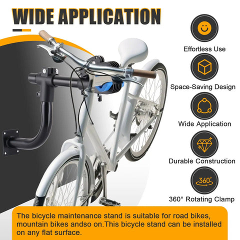 Heavy Duty Bike Repair Stand With 360 Degree Clamp And Wall Mount For Road And Mountain Bikes supporting silver bike