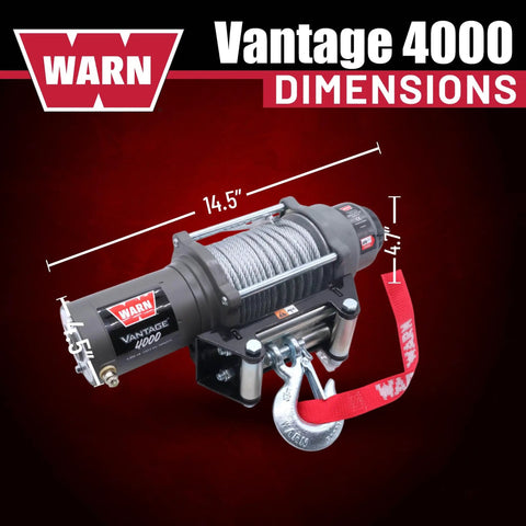 Vantage 4000 12V DC Electric Winch for ATV UTV Side By Side With 55 Ft Aircraft Grade Wire Rope And Roller Fairlead For Off Road Recovery And Heavy Duty Tasks, dimensions view