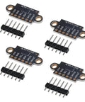 VL53L0X Time Of Flight Distance Sensor Breakout Pack Of 4 For DIY Projects Arduino Raspberry Pi And Microcontrollers 2m ToF Laser Range Finder Module Great For Robotics Projects Easy Plug And Play With Common Boards, four black PCB modules with header pins