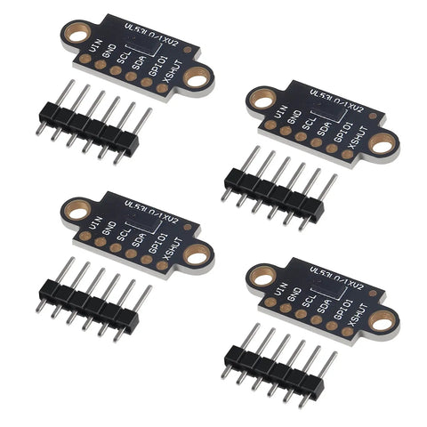 VL53L0X Time Of Flight Distance Sensor Breakout Pack Of 4 For DIY Projects Arduino Raspberry Pi And Microcontrollers 2m ToF Laser Range Finder Module Great For Robotics Projects Easy Plug And Play With Common Boards, four black PCB modules with header pins