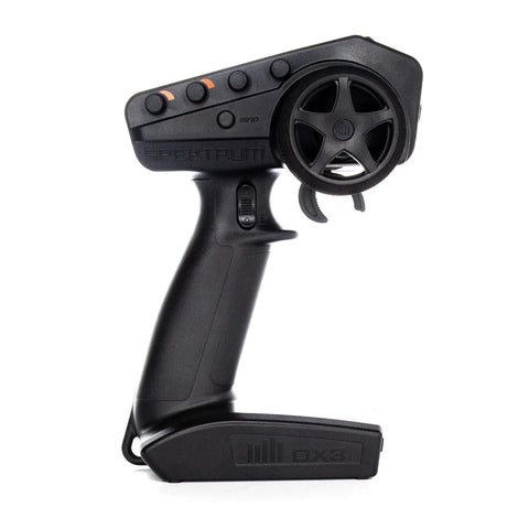 DX3 Smart Three Channel Transmitter With SR315 Receiver, showing foam-covered steering wheel, DSMR tech for RC cars.