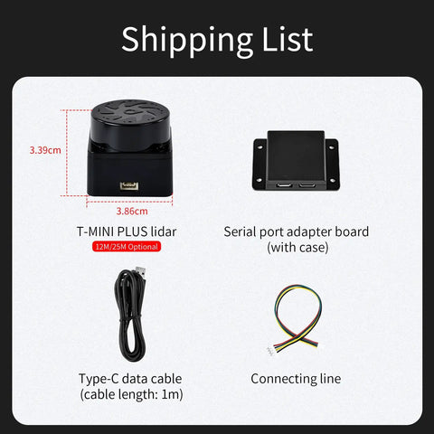 Shipping list displaying Lidar Range Sensor With 360 Degree Scanning For ROS 1 2 Raspberry Pi Jetson Real Time Mapping And Navigation 12 Meter Range Pro Grade Robotic Sensor Tech, adapter board, Type-C data cable, and connecting line.