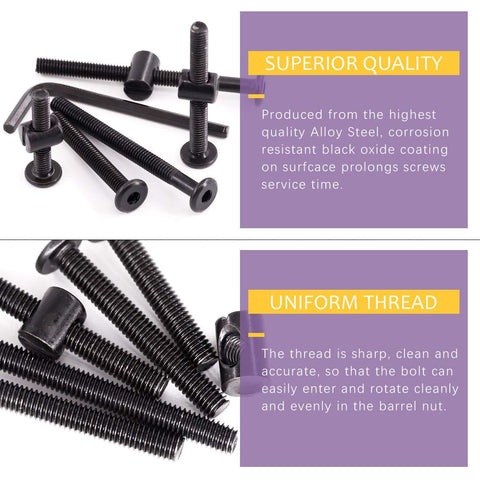 120 Piece Crib Hardware Screws Set With M6 Hex Socket Head Cap Screws And Barrel Nuts Including Allen Wrench Rock Solid Durable Nickel Plated Bed Fasteners For Furniture Cots And Cribs 40mm 50mm 60mm 70mm 80mm Long 15mm 20mm 25mm 30mm 35mm Kit showing superior quality and uniform thread.