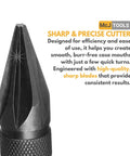 Close-up of McJ Tools reload chamfer deburr tool, sharp M2 high speed steel cutter for precise case mouth finishing.