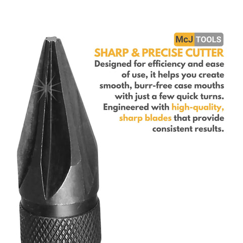 Close-up of McJ Tools reload chamfer deburr tool, sharp M2 high speed steel cutter for precise case mouth finishing.